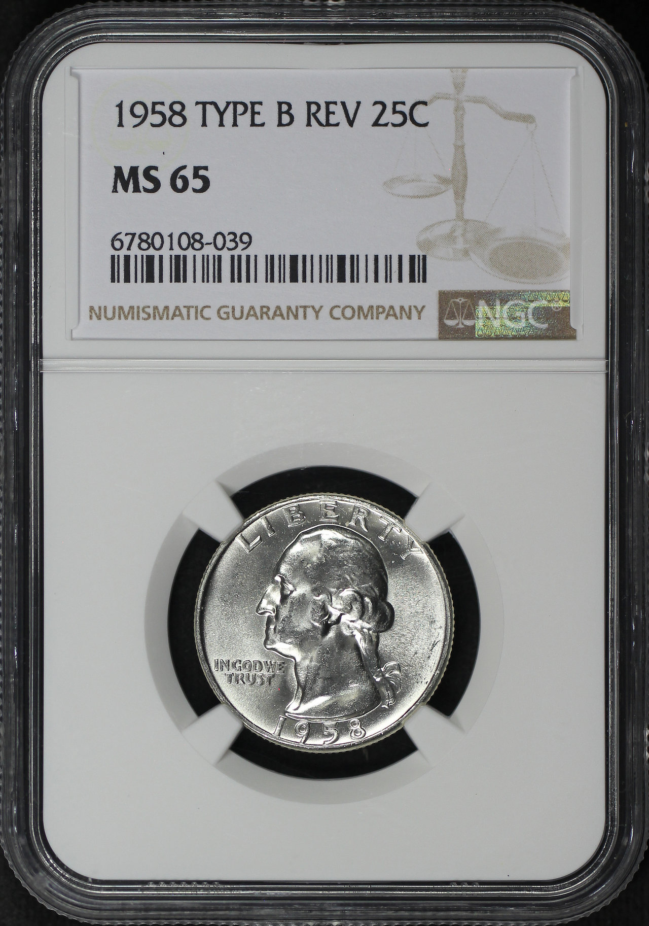 Obverse of this 1958 Washington Quarter Type B Reverse NGC MS-65