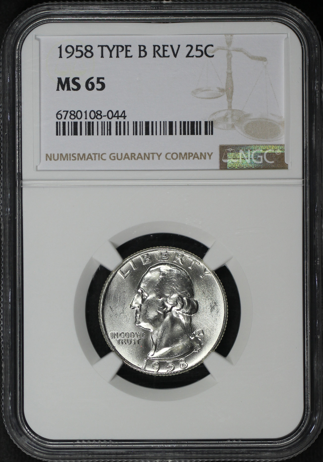 Obverse of this 1958 Washington Quarter Type B Reverse NGC MS-65
