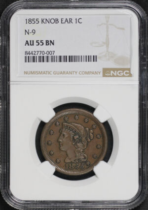 Obverse of this 1855 Knob Ear Braided Hair Cent N-9 NGC AU-55 BN