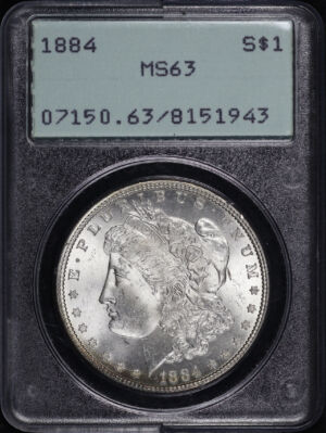 Obverse of this 1884 Morgan Dollar PCGS MS-63 Old Green Rattler Holder