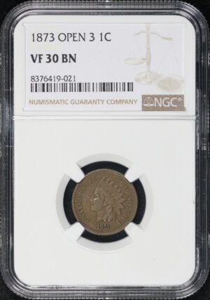 Obverse of this 1873 Open 3 Indian Cent NGC VF-30 BN