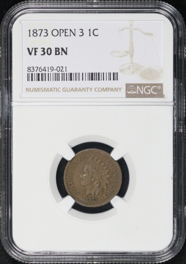 Obverse of this 1873 Open 3 Indian Cent NGC VF-30 BN