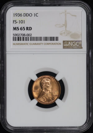 Obverse of this 1936 Lincoln Cent Wheat Reverse DDO FS-101 Type 1 NGC MS-65 RD