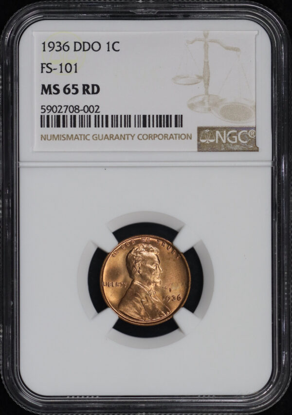 Obverse of this 1936 Lincoln Cent Wheat Reverse DDO FS-101 Type 1 NGC MS-65 RD