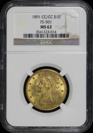Obverse of this 1891-CC/CC Liberty Head $10 NGC MS-62 FS-501