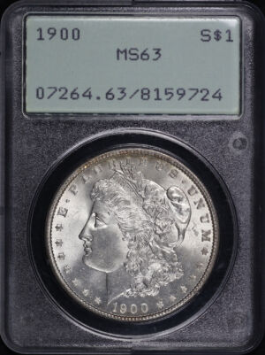 Obverse of this 1900 Morgan Dollar PCGS MS-63 Old Green Rattler Holder