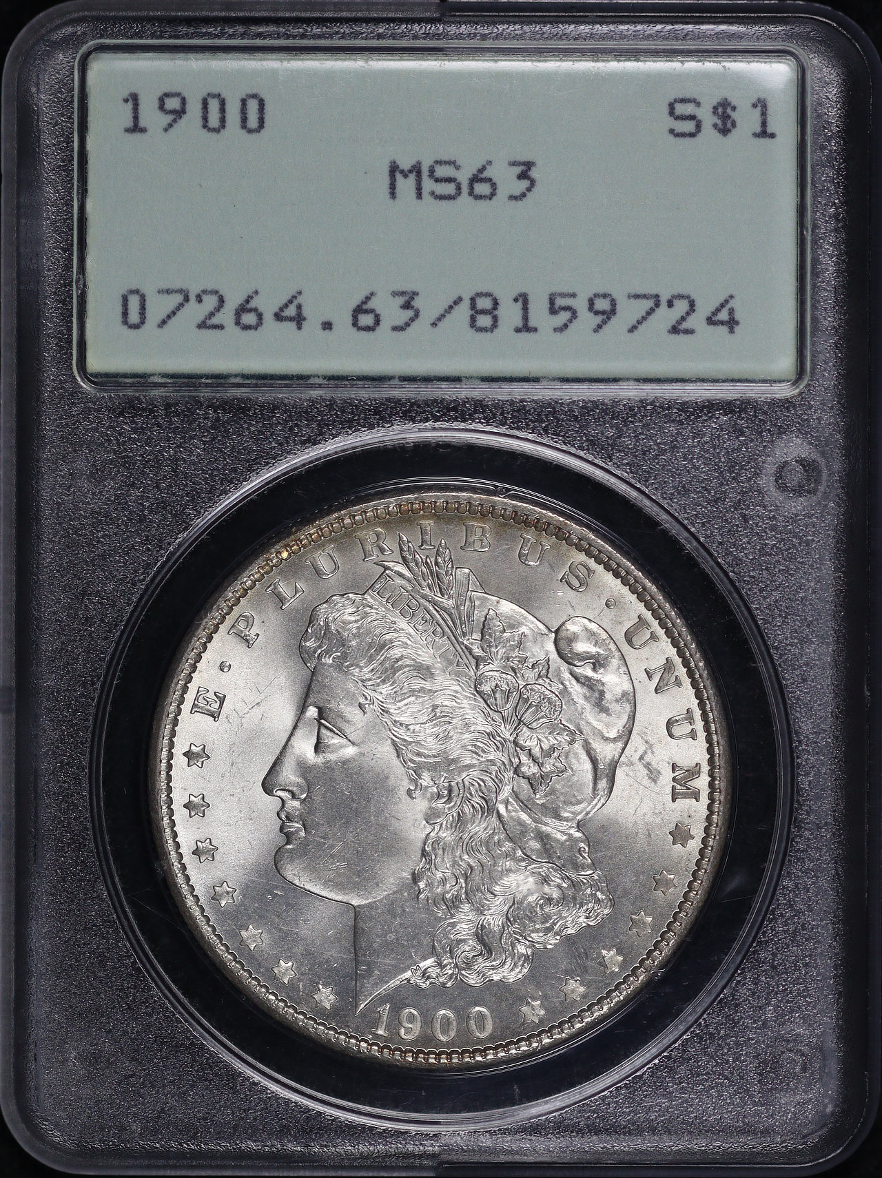 Obverse of this 1900 Morgan Dollar PCGS MS-63 Old Green Rattler Holder