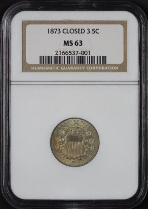 Obverse of this 1873 Shield Nickel Closed 3 NGC MS-63