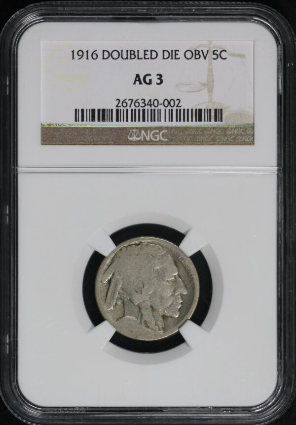 Obverse of this 1916 Doubled Die Obverse Buffalo Nickel NGC AG-3