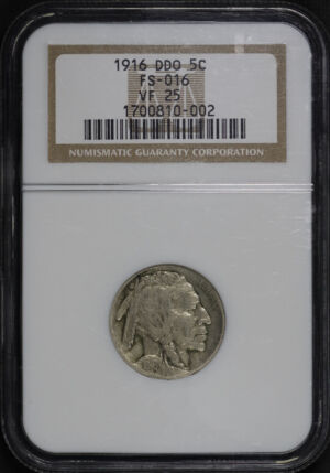 Obverse of this 1916 Doubled Die Obverse FS-016 Buffalo Nickel NGC VF-25