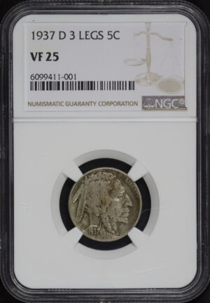 Obverse of this 1937-D Buffalo Nickel 3 Legs NGC VF-25