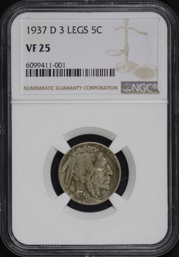 Obverse of this 1937-D Buffalo Nickel 3 Legs NGC VF-25