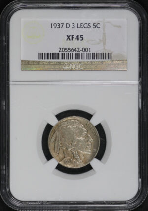 Obverse of this 1937-D Buffalo Nickel 3 Legs NGC XF-45