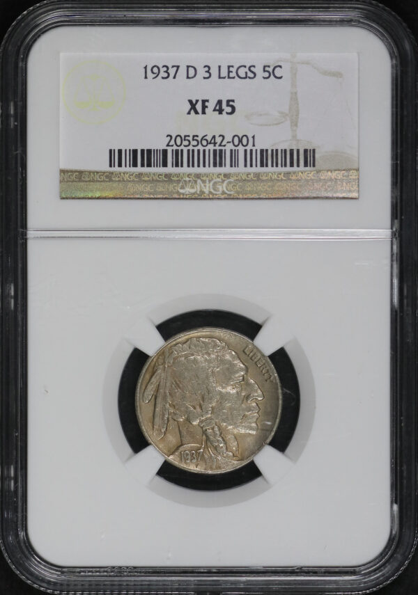 Obverse of this 1937-D Buffalo Nickel 3 Legs NGC XF-45
