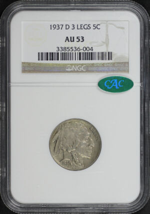 Obverse of this 1937-D Buffalo Nickel 3 Legs NGC AU-53 CAC