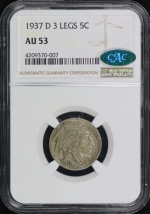 Obverse of this 1937-D 3 Legs Buffalo Nickel NGC AU-53 CAC