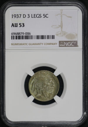 Obverse of this 1937-D Buffalo Nickel 3 Legs NGC AU-53