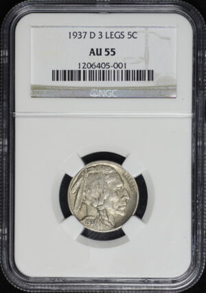 Obverse of this 1937-D Buffalo Nickel 3 Legs NGC AU-55