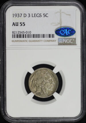 Obverse of this 1937-D Buffalo Nickel 3 Legs NGC AU-55 CAC
