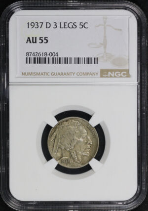 Obverse of this 1937-D Buffalo Nickel 3 Legs NGC AU-55
