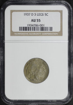 Obverse of this 1937-D Buffalo Nickel 3 Legs NGC AU-55