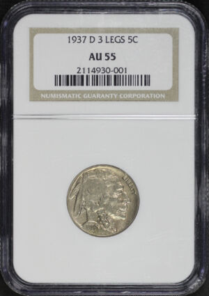 Obverse of this 1937-D Buffalo Nickel 3 Legs NGC AU-55
