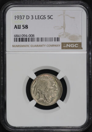 Obverse of this 1937-D Buffalo Nickel 3 Legs NGC AU-58