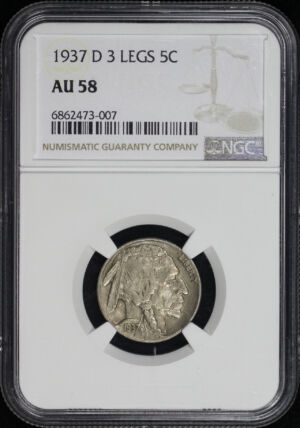Obverse of this 1937-D Buffalo Nickel 3 Legs NGC AU-58