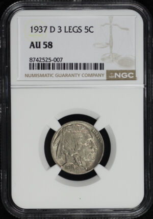 Obverse of this 1937-D Buffalo Nickel 3 Legs NGC AU-58