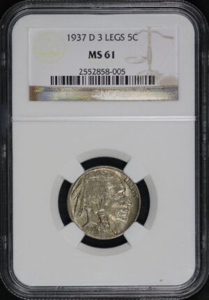 Obverse of this 1937-D Buffalo Nickel 3 Legs NGC MS-61