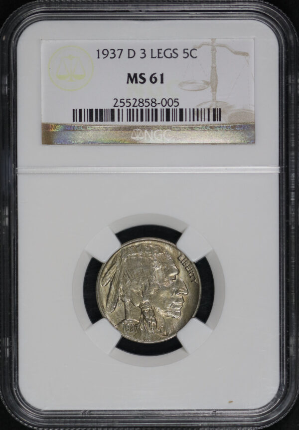 Obverse of this 1937-D Buffalo Nickel 3 Legs NGC MS-61