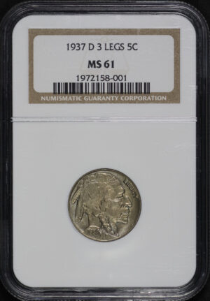 Obverse of this 1937-D Buffalo Nickel 3 Legs NGC MS-61