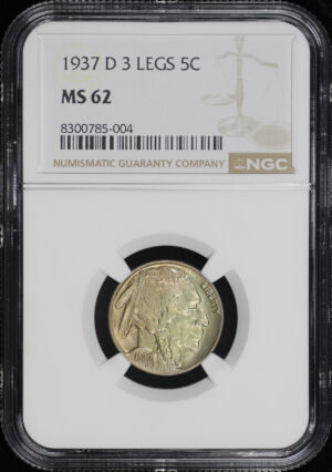 Obverse of this 1937-D Buffalo Nickel 3 Legs NGC MS-62