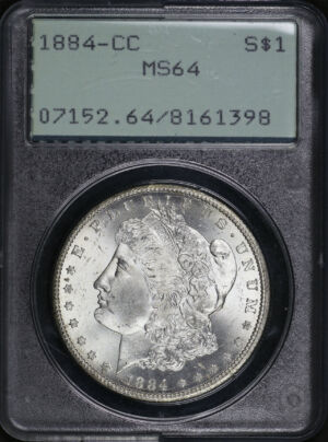 Obverse of this 1884-CC Morgan Dollar PCGS MS-64 Old Green Rattler Holder