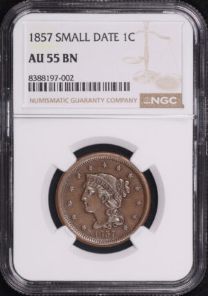 Obverse of this 1857 Small Date Braided Hair Cent NGC AU-55 BN