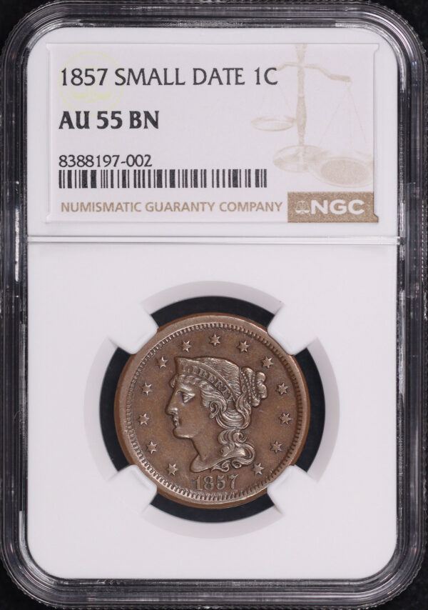 Obverse of this 1857 Small Date Braided Hair Cent NGC AU-55 BN