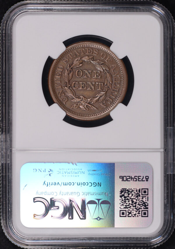 Reverse of this 1857 Small Date Braided Hair Cent NGC AU-55 BN