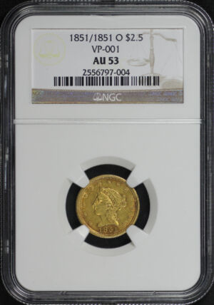 Obverse of this 1851/1851-O Liberty Head $2.5 VP-001 NGC AU-53