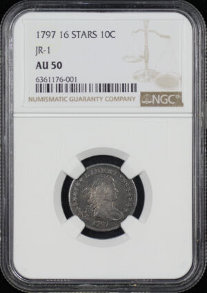 Obverse of this 1797 Draped Bust Dime 16 Stars NGC AU-50 JR-1