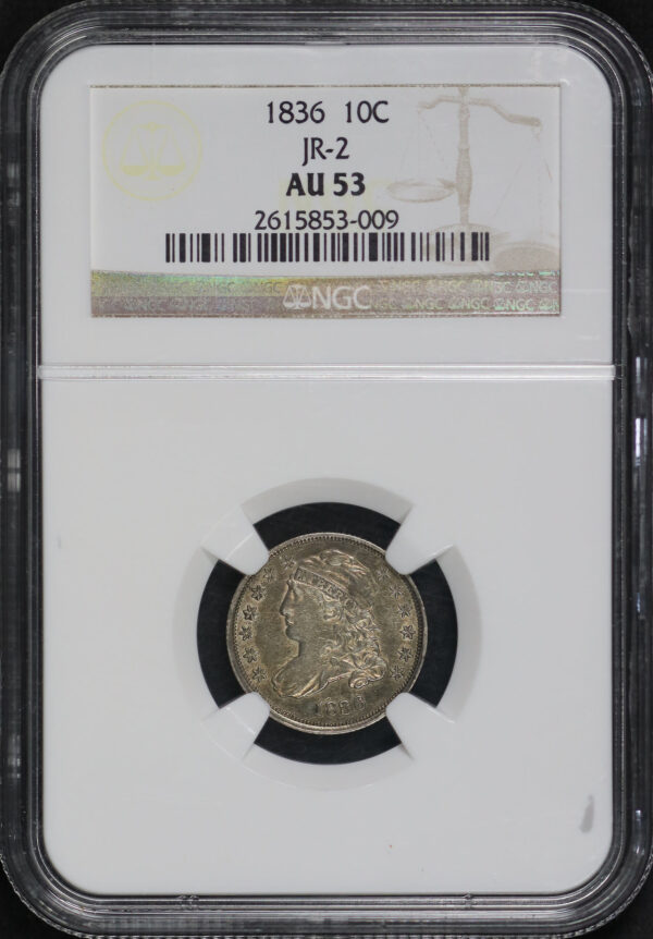 Obverse of this 1836 Capped Bust Dime JR-2 NGC AU-53