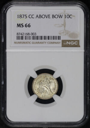 Obverse of this 1875-CC Mintmark Above Bow Liberty Seated Dime NGC MS-66