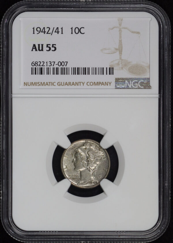 Obverse of this 1942/41 Mercury Dime NGC AU-55