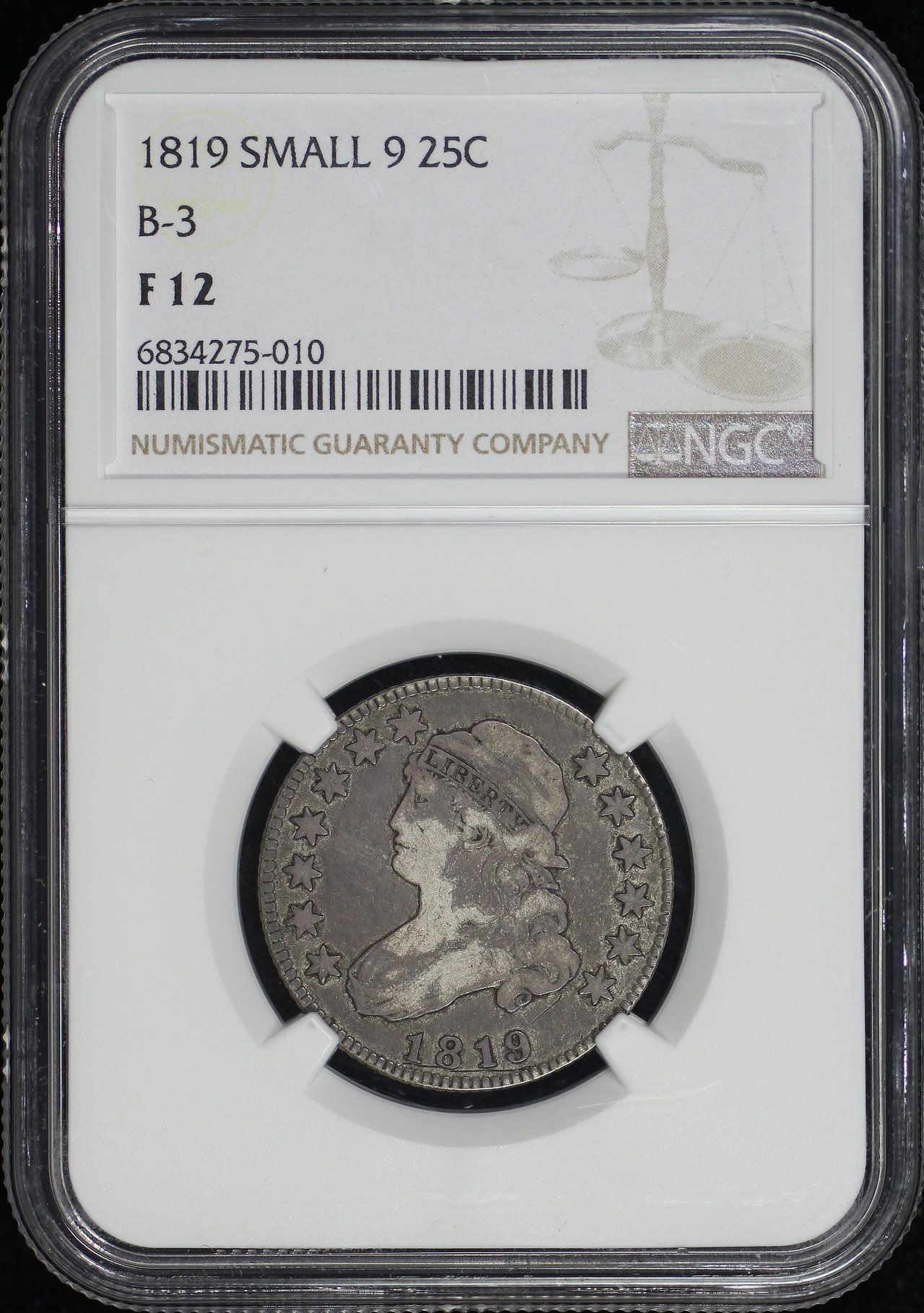 Obverse of this 1819 Capped Bust Quarter Small 9 NGC F-12 B-3