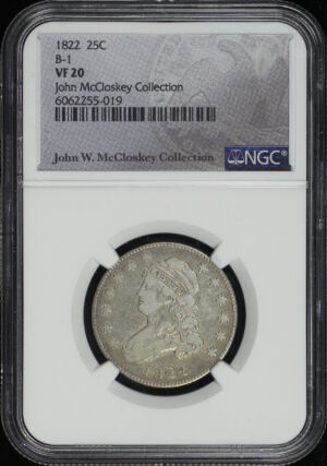 Obverse of this 1822 Capped Bust Quarter B-1 NGC VF-20 John McCloskey Collection