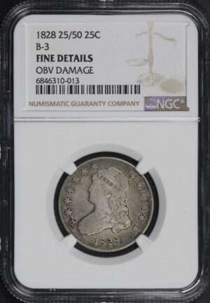 Obverse of this 1828 25/50 Capped Bust Quarter B-3 NGC Fine Details Obverse Damage (Gouged)