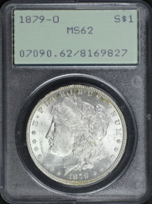 Obverse of this 1879-O Morgan Dollar PCGS MS-62 Old Green Rattler Holder
