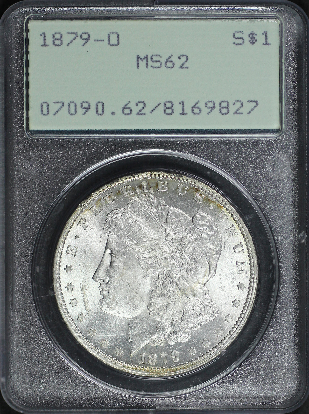 Obverse of this 1879-O Morgan Dollar PCGS MS-62 Old Green Rattler Holder