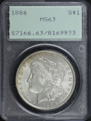 Obverse of this 1886 Morgan Dollar PCGS MS-63 Old Green Rattler Holder