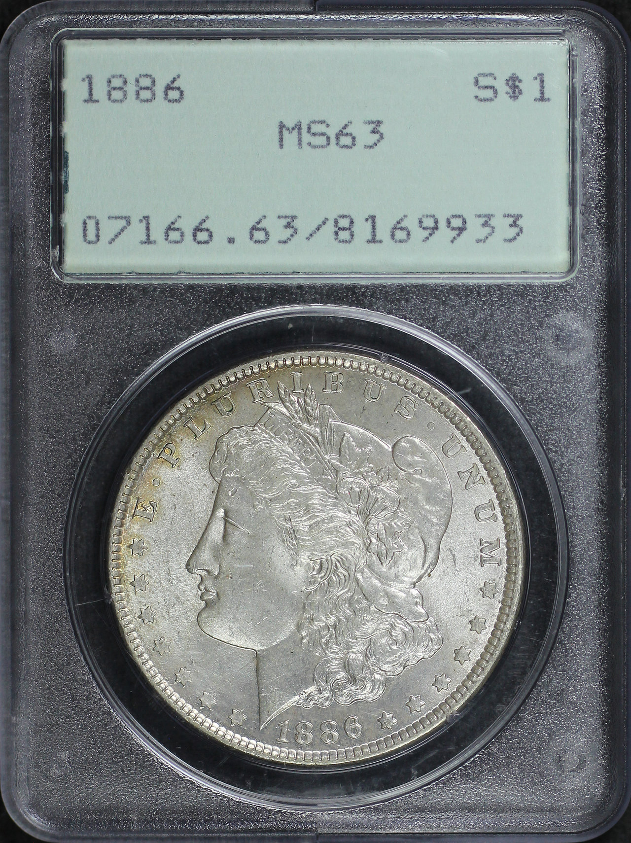 Obverse of this 1886 Morgan Dollar PCGS MS-63 Old Green Rattler Holder