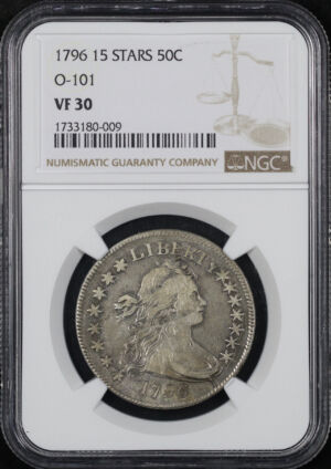 Obverse of this 1796 15 Stars Draped Bust Half Dollar O-101 NGC VF-30